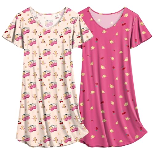 Ekouaer Nachthemd Damen 2er Pack Kurzarm Schlafshirt Negligee kurz Schlafhemd Teddybär Rosa + Aprikose Kirsche M von Ekouaer