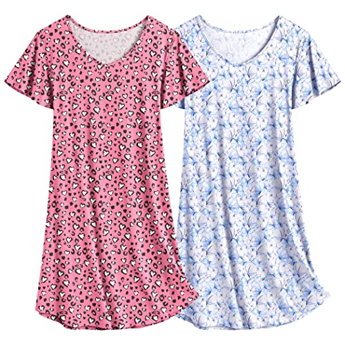 Ekouaer Nachthemd Damen 2er Pack Kurzarm Schlafshirt Negligee kurz Schlafhemd rosa Herzchen + blau Schmetterling M von Ekouaer