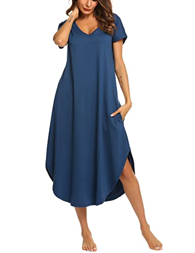 Ekouaer Nachthemd Damen Baumwolle Nachtwäsche Loungewear Nachtkleid Kurz Schlafhemd Kurze Ärmel Sleepshirt Kurzarm V-Ausschnitt Sleepwear Bequeme Freizeitkleid，Navy Blau，S von Ekouaer