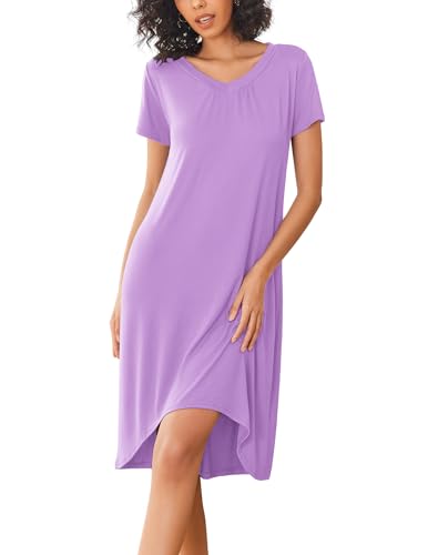 Ekouaer Nachthemd Damen Baumwolle Schlafhemd Loungewear Nachtkleid Kurz Kurze Ärmel Sleepshirt Kurzarm V-Ausschnitt Sleepwear Bequeme Freizeitkleid von Ekouaer