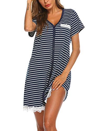 UNibelle Nachthemd Damen Spitze Nachtwäsche Kurz Schlafshirt V-Ausschnitt Nachtkleid mit Durchgehender Knopfleiste, Ydf2, L von UNibelle