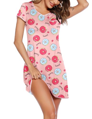 Ekouaer Nachthemd Damen Kurz Sleepshirt Nachtkleid Sommer Süß Schlafhemd Crewneck Loungewear Rosa Donut S von Ekouaer