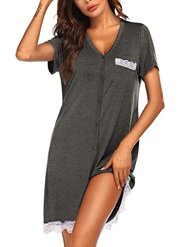 Ekouaer Nachthemd Damen Kurz Sleepshirt Spitze Schlafshirt Sexy V-Ausschnitt Nachtwäsche mit Durchgehender Knopfleiste, Dunkelgrau, L von Ekouaer