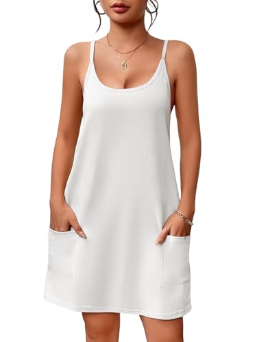 Ekouaer Nachthemd Damen Ärmellos Kurz Unterkleid Schlafkleid Racerback Nachtkleid Nachtwäsche Sleepwear mit Taschen Weiß M von Ekouaer