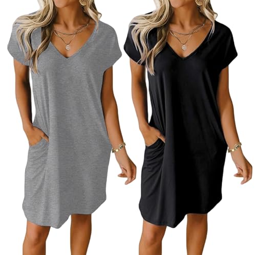 Ekouaer Nachthemd Damen Kurz Zweiteiliger Kurzarm Schlafshirt Nachthemden V Ausschnitt Hauskleid 2er Set, Schwarz + Grau, M von Ekouaer