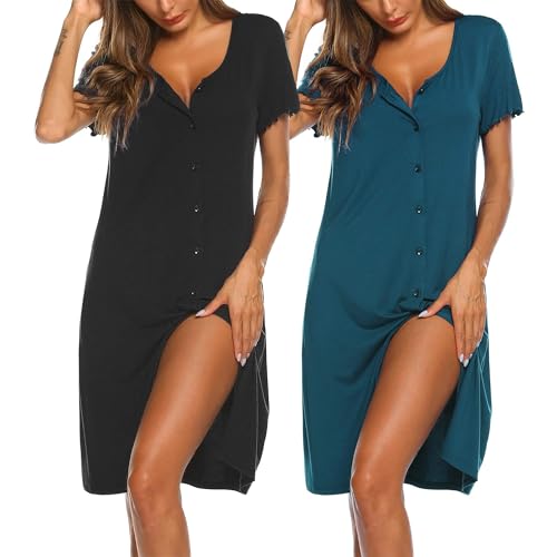 Ekouaer Nachthemd Damen Kurzarm 2er Knöpfen Schlafshirt Kurz Sleepshirt Knopfleiste Nachtwäsche, Schwarz + Blaugrün XL von Ekouaer