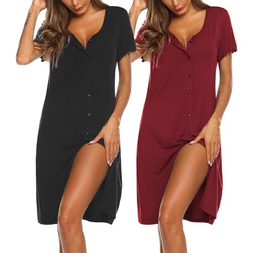 Ekouaer Nachthemd Damen Kurzarm 2er Knöpfen Schlafshirt Kurz Sleepshirt Knopfleiste Nachtwäsche, Schwarz + Weinrot M von Ekouaer