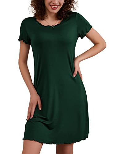 Ekouaer Damen Nachthemd Kurzarm Nachtwäsche Kurz Nachthemden Sommer Sleepshirt Negligee Schlafshirt Knielang Rüschen, Dunkelgrün, XXL von Ekouaer