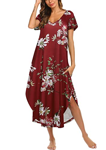 Ekouaer Nachthemd Damen Kurzarm Negligees V-Ausschnitt Schlafshirt Nachtwäsche Sommer Loungewear Nachtkleid Bequeme，Rot-Drucken，S von Ekouaer