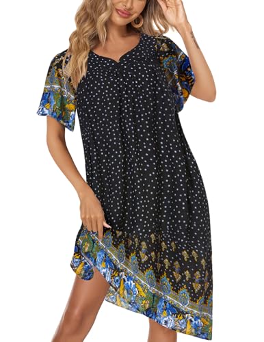 Ekouaer Nachthemd Damen Kurzarm Print Sleepshirt Frauen Nachtwäsche Nachtkleid Vintage Schlafhemd mit Taschen von Ekouaer