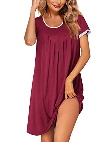 Ekouaer Nachthemd Damen Kurzarm Schlafshirt Fasching Sleepshirt Bigshirts Große Größen Kurz Nachtwäsche, Weinrot, XL von Ekouaer