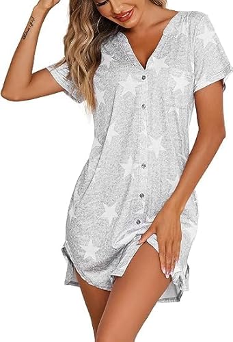 Ekouaer Nachthemd Damen Kurzarm Schlafshirt Sommer Nachtwäsche Sexy knöpfen Sleepshirt Leicht Schlafhemd V-Ausschinitt, Grau-Stern, L von Ekouaer