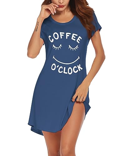 Ekouaer Nachthemd Damen Kurzarm Sleepshirt Knielang Nachtwäsche Schlafshirt lustig Schlafhemd lcoffee Blau XL von Ekouaer