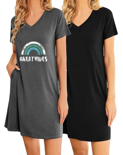 Ekouaer Nachthemd Damen Kurzarm Zweiteiliger Sommer Sleepshirt Kurz Bigshirts zum Schlafen Damen Set, Schwarz + Aufdruck, L von Ekouaer