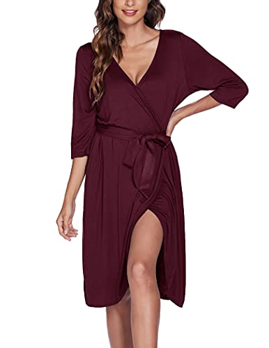 Ekouaer Kimono Robe Damen Morgenmantel Kurzer Satin Bademantel Mit Gürtel V-Ausschnitt Kimono von Ekouaer