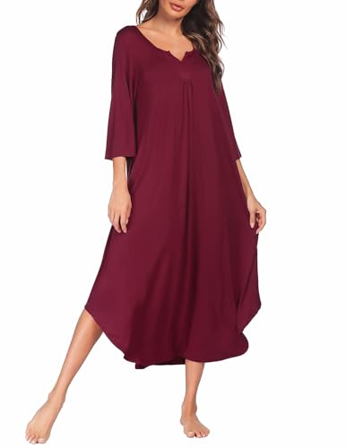 Ekouaer Nachthemd Damen Lang Schlafshirt Große Größen 3/4 Ärmel Oversize Nachtkleid V-Ausschnitt Weich und Lose Nachtwäsche S-3XL Rot S von Ekouaer