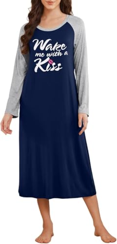 Ekouaer Nachthemd Damen Langarm Nachtkleid Damen Lang Nachtwäsche, Marineblau, XXL von Ekouaer