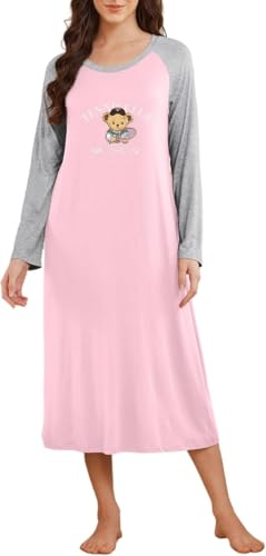 Ekouaer Nachthemd Damen Langarm Nachtkleid Damen Lang Nachtwäsche, Rosa Teddybär, XXL von Ekouaer