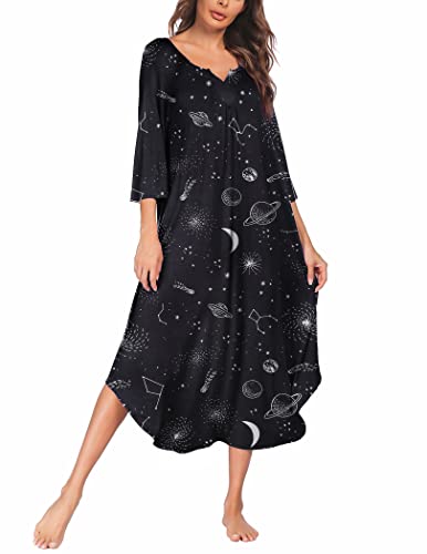 Ekouaer Nachthemd Damen Langarm Nachtwäsche Schlafshirt lang Schlafkleid Sleepshirt Nachtkleid bequem Negligee Schwarz M von Ekouaer