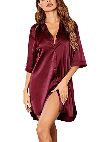 Ekouaer Nachthemd Damen Langarm Satin Nachtleid 3/4 Ärmeln V-Ausschnitt Sleepshirt Sleepwear Negligee Nachtwäsche Kurz XL von Ekouaer