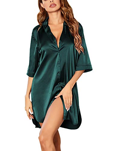 Ekouaer Nachthemd Damen Langarm Satin Nachtleid 3/4 Ärmeln V-Ausschnitt Sleepshirt Sleepwear Negligee Nachtwäsche Kurz XXL von Ekouaer