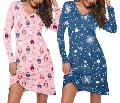 Ekouaer Nachthemd Damen Langarm Schlafshirt Nachtwäsche V-Ausschnitt Mit Spitze Nachtkleid,2er Pack,XL von Ekouaer