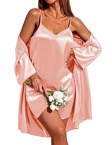 Ekouaer Nachthemd Damen Morgenmantel Zweiteiliger Sexy Satin Nachtwäsche Pyjama Set Lässig Loungewear Rosa XXL von Ekouaer