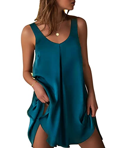 Ekouaer Nachthemd Damen Nachtkleid Satin Kurz Sleeepshirt V-Ausschnitt Kurz Sleepwear Negligee Nachtwäsche Blau Grün XL von Ekouaer