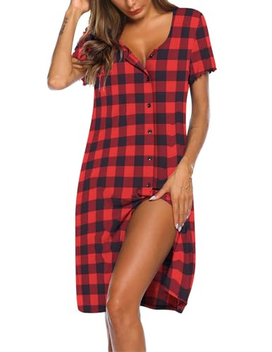 Ekouaer Nachthemd Damen Plaid Kurzarm Schlafshirt Sleepshirt Kurz Nachtwäsche Knopfleiste Plaid M von Ekouaer