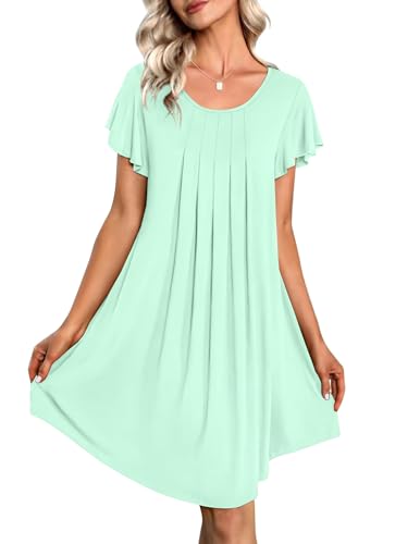 Ekouaer Nachthemd Damen Rundhals Schlafshirt Kurzarm Sleepshirt Falten Weich Schlafkleid Große Größen, Hellgrün, 3XL von Ekouaer