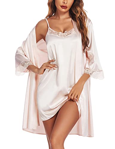 Ekouaer Nachthemd Damen Satin Bride Morgenmantel Sexy Kimono Braut Bademantel Kurz mit Gürtel und Babydoll Dessous Negligee Hochzeit 2pcs, Champagner, S von Ekouaer