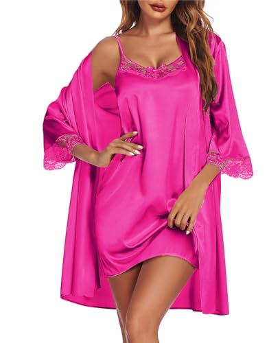 Ekouaer Nachthemd Damen Satin Bride Morgenmantel Sexy Kimono Braut Bademantel Kurz mit Gürtel und Babydoll Dessous Negligee Hochzeit 2pcs, Fuchsia, XXL von Ekouaer