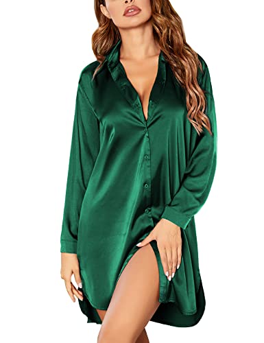 Ekouaer Schlafhemd Damen Satin Nachthemd Langarm Knopfleiste Sleepshirt Sleepwear Negligee Nachtwäsche Kurz Grün XXL von Ekouaer