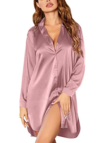 Ekouaer Nachthemd Damen Satin Schlafshirt Langarm V-Ausschnitt Sexy Sleepshirt Winter Sleepwear Negligee Nachtwäsche Kurz Rosa XL von Ekouaer