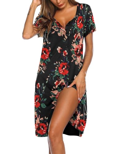 Ekouaer Nachthemd Damen Schlafshirt Kurzarm Sleepshirt Kurz Nachtwäsche Knopfleiste Blume M von Ekouaer