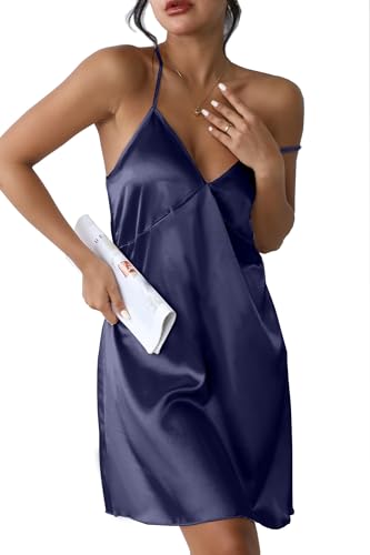 Ekouaer Nachthemd Damen Sexy Negligee Babydoll Satin Unterkleid mit Spaghettiträger V Ausschnitt Nachtkleid Seide für Frauen Leicht Kurz, Navyblau, M von Ekouaer