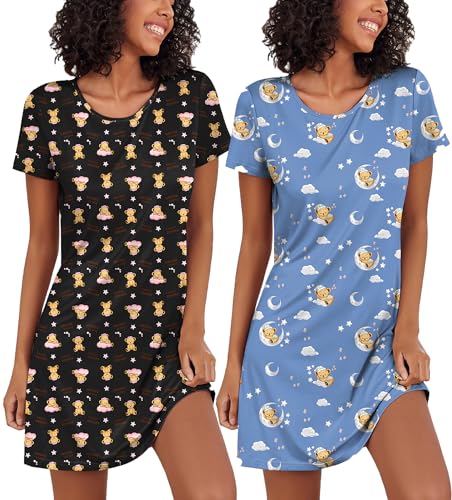 Ekouaer Nachthemd Damen Sommer Big Shirt Nachthemd Baumwolle Schlafshirt Kurzarm Nachtwäsche Leicht 2er Pack, Teddybär, L von Ekouaer