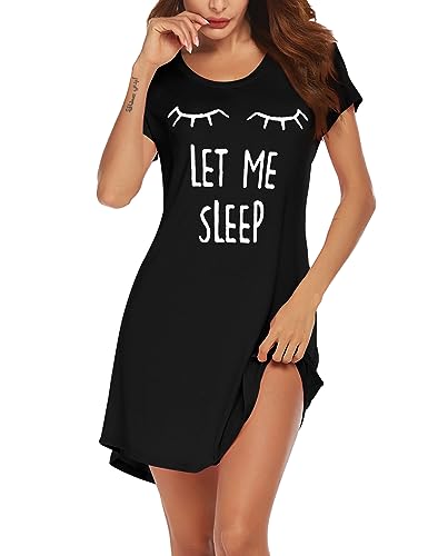 Ekouaer Nachthemd Damen Sommer Kurzarm Nachtwäsche Negligees Cute Schlafhemd T-Shirt Sleepshirt schwarz M von Ekouaer