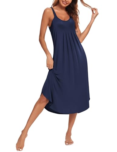 Ekouaer Nachthemd Damen Sommer Nachtkleid Lang ohne Ärmel Nachtwäsche Weich Modal Schlafhemd Marine Blau M von Ekouaer