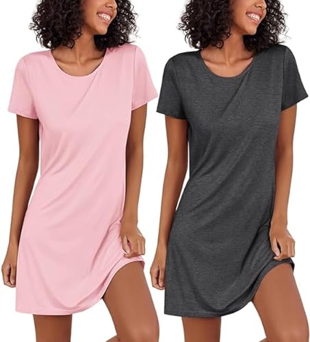 Ekouaer Nachthemd Damen Sommer Schlafshirt Kurzarm Nachtwäsche Sexy Schlafhemd Rundhals Sleepshirt 2er Pack, Grau+Rosa, XXL von Ekouaer