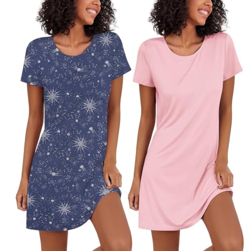 Ekouaer Nachthemd Damen Sommer Schlafshirt Kurz Nachtwäsche Rundhals Nachthemden für Damen Kurzarm, Rosa+Blau Stern, XXL von Ekouaer