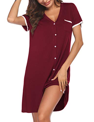 Ekouaer Nachthemd Damen Sommer Schlafshirt Kurzarm Sleepshirt Kurz Nachtwäsche Knopfleiste Burgunderrot S von Ekouaer