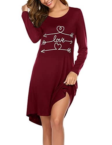 Ekouaer Nachthemd Damen Winter Langarm Nachtwäsche Negligees Cute Schlafhemd T-Shirt Sleepshirt Rot M von Ekouaer