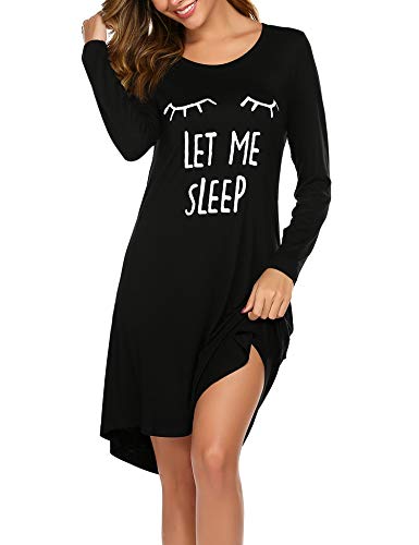 Ekouaer Nachthemd Damen Winter Langarm Nachtwäsche Negligees Cute Schlafhemd T-Shirt Sleepshirt Schwarz M von Ekouaer