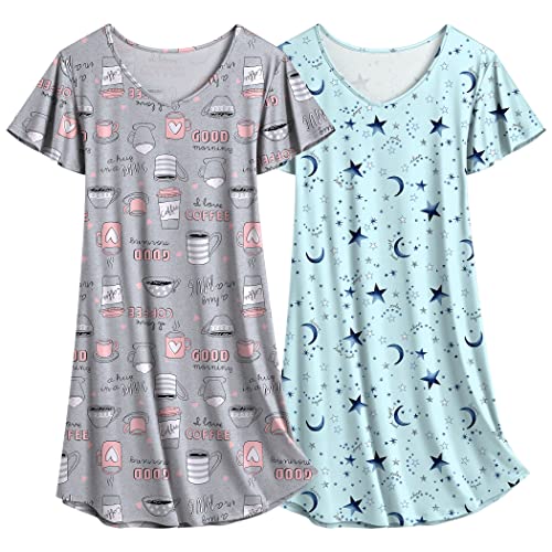 Ekouaer Nachthemden Damen 2er Pack Kurzarm Schlafshirt Negligee kurz Schlafhemd Kaffee + Stern M von Ekouaer