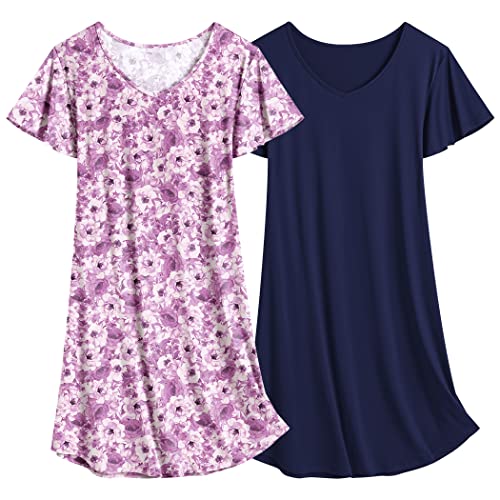 Ekouaer Nachthemd Damen Zweiteiliger Kurzarm Schlafshirt Negligee kurz Schlafhemd Navy + lila Blumen M von Ekouaer