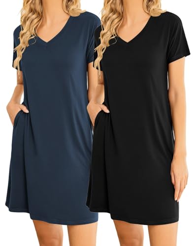 Ekouaer Nachthemd Damen 2er Pack Sleepshirt Kurzarm Nachthemden 2er Pack Knielang Nachtwäsche Kurz, Schwarz + Navyblau, XL von Ekouaer