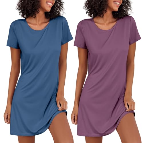 Ekouaer Nachthemd Damen Zweiteiliger Sleepshirt Kurzarm Nachtwäsche Schlafhemd Leicht Schlafshirt 2er Pack, Grau+Herz, L von Ekouaer