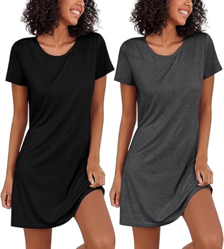 Ekouaer Nachthemd Damen Zweiteiliger Sleepshirt Kurzarm Nachtwäsche Schlafhemd Leicht Schlafshirt 2er Pack, Grau+Schwarz, L von Ekouaer