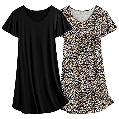 Ekouaer Nachthemd Damen Zweiteiliger Sleepshirt Kurzarm große Größe Nightgown for Women schwarz + Leopard XL von Ekouaer